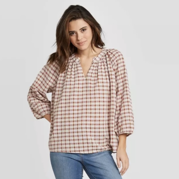 Universal Thread Tan Plaid Peasant Top, XS - Picture 1 of 10
